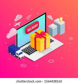 Gift Delivery isometric concept with laptop, gift box, truck, pin, city buildings, icons on gradient background. Holiday online shipping service 3d design. Vector illustration for web, mobile app, ad