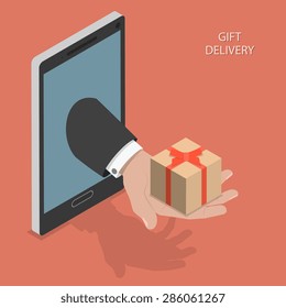 Gift delivery isometric vector illustration. Delivery man hand with gift appeared From smartphone or tablet.