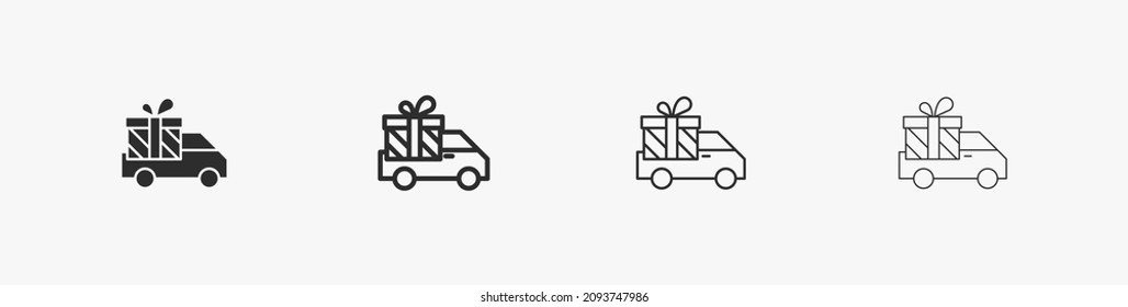 Gift delivery linear icon set. Gift box in the car. Flat illustration for business and marketing. Vector gift delivery isolated on white background for holiday and sale certificate