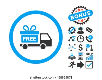 Gift Delivery pictograph with bonus elements. Vector illustration style is flat iconic bicolor symbols, blue and gray colors, white background.