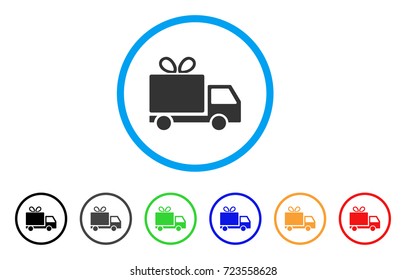 Gift Delivery rounded icon. Style is a flat gift delivery gray symbol inside light blue circle with black, gray, green, blue, red, orange variants. Vector designed for web and software interfaces.