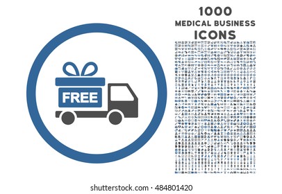 Gift Delivery rounded vector bicolor icon with 1000 medical business icons. Set style is flat pictograms, cobalt and gray colors, white background.
