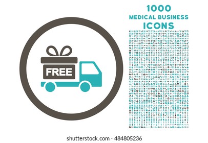 Gift Delivery rounded vector bicolor icon with 1000 medical business icons. Set style is flat pictograms, grey and cyan colors, white background.