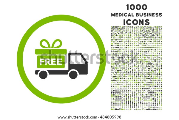 Gift Delivery rounded vector bicolor\
icon with 1000 medical business icons. Set style is flat\
pictograms, eco green and gray colors, white\
background.