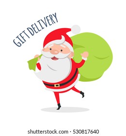 Gift delivery. Santa Claus delivers gifts to children. Fast holiday delivery. Merry Christmas and Happy New Year concept. Winter holiday illustration. Greeting card. Vector in flat style design