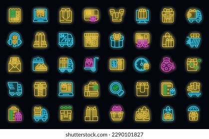 Gift delivery service icons set outline vector. Online shop. Delivery food neon color on black