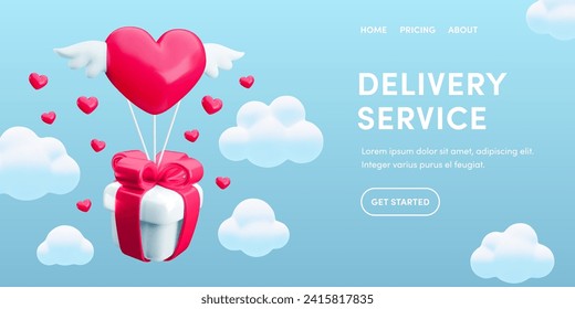 Gift delivery service landing page template. Valentine's day gift delivery web banner concept, 3d vector gift box and heart with wings flying among the clouds. Fast holiday delivery web site