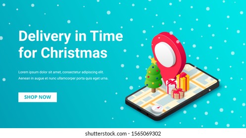 Gift Delivery in time isometric banner concept with smartphone, gift box, pin, Christmas tree, text. Holiday online store order shipping service 3d design. Vector illustration for web, mobile app, ad