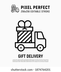 Gift delivery: truck with big present. Logo for transportation service. Thin line icon. Pixel perfect, editable stroke. Vector illustration.