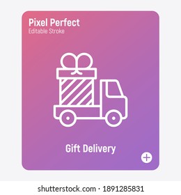 Gift delivery: truck with big present. Logo for transportation service. Thin line icon. Pixel perfect, editable stroke. Vector illustration.