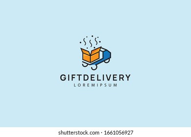 Gift delivery truck. Surprise delivery truck Icon vector logo line art