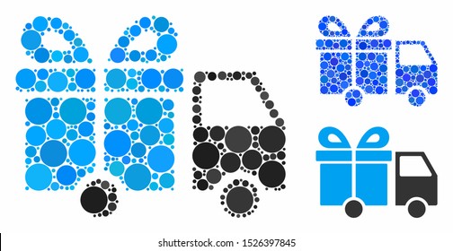 Gift delivery van mosaic for gift delivery van icon of small circles in different sizes and shades. Vector small circles are grouped into blue collage.