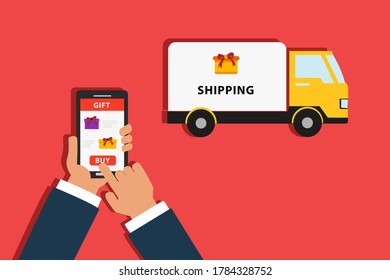 Concepto de vector de entrega de regalo: manos no identificadas que compran cajas de regalo con aplicación de compra en línea