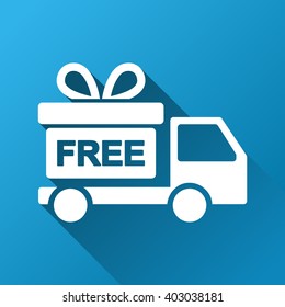Gift Delivery vector toolbar icon for software design. Style is a white symbol on a square blue background with gradient long shadow.