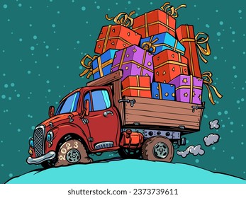 Gift delivery worldwide for New Year's Eve. Modern Santa Claus reindeer. Red car with a bunch of gifts against the backdrop of an emerald sky with snowflakes