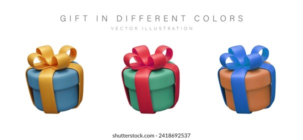 Regalo en diferentes colores. Colección de cajas de regalo con grandes arcos en colores azul, verde y naranja