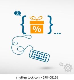 Gift discount box and flat design elements. Design concept icons for application development, web design, creative process, social media, seo, web page coding and programming.
