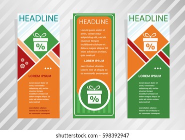 Gift discount box icon on vertical banner. Modern banner, brochure design template.