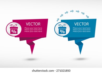 Gift discount box on origami paper speech bubble or web banner, prints. Vector illustration
