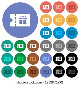 Gift discount coupon multi colored flat icons on round backgrounds. Included white, light and dark icon variations for hover and active status effects, and bonus shades.