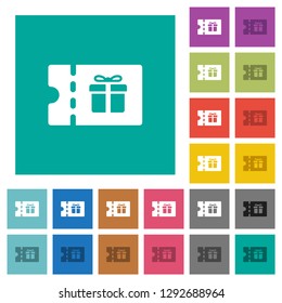 Gift discount coupon multi colored flat icons on plain square backgrounds. Included white and darker icon variations for hover or active effects.