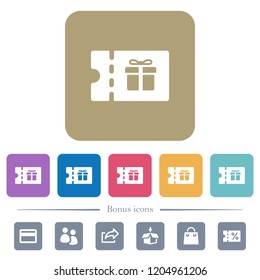 Gift discount coupon white flat icons on color rounded square backgrounds. 6 bonus icons included