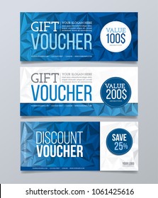 Gift And Discount Voucher Design Template. Blue Polygonal Banner Background.