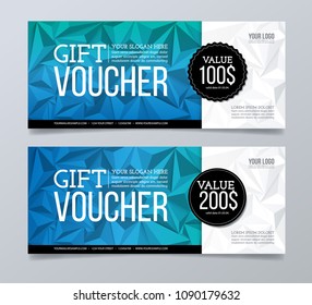 Gift and discount voucher design template. Blue polygonal banner background.
