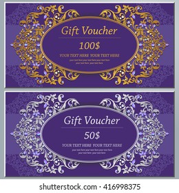 Gift discount voucher template, vector layout. Special offer coupon. Business voucher layout with gift bow gold. Vintage style.