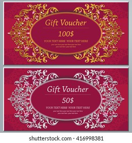 Gift discount voucher template, vector layout. Special offer coupon. Business voucher layout with gift bow gold. Vintage style.