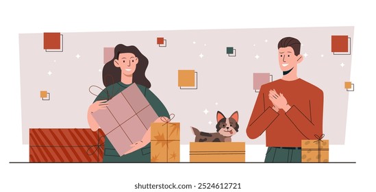 Gift dog for boy. Woman with giftbox give domestic animal. Happiness and friendship. Adorable puppy. Pet present and surprise. Flat vector illustration isolated on white background