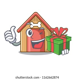 With gift dog house isolated on mascot cartoon