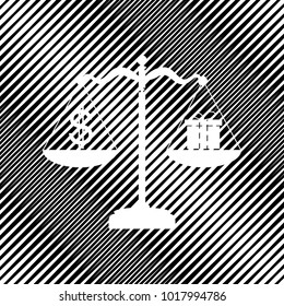 Gift and dollar symbol on scales. Vector. Icon. Hole in moire background.