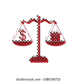 Gift and dollar symbol on scales. Vector. Brown icon with shifted black circle pattern as duplicate at white background. Isolated.