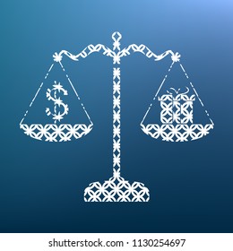 Gift and dollar symbol on scales. Vector. White textured icon at lapis lazuli gradient background.