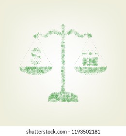 Gift and dollar symbol on scales. Vector. Green hexagon rastered icon and noised opacity and size at light green background with central light.
