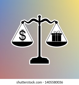 Gift and dollar symbol on scales. Black icon in white shell at pastel color background. Illustration.