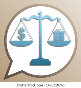 Gift and dollar symbol on scales. Bright cerulean icon in white speech balloon at pale taupe background. Illustration.