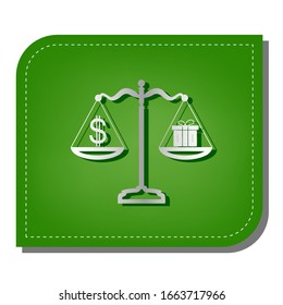 Gift and dollar symbol on scales. Silver gradient line icon with dark green shadow at ecological patched green leaf. Illustration.