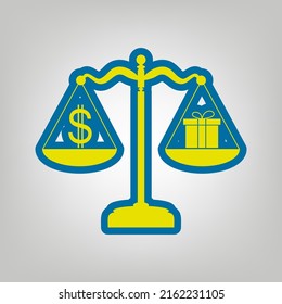 Gift and dollar symbol on scales. Icon in colors of Ukraine flag (yellow, blue) at gray Background. Illustration.