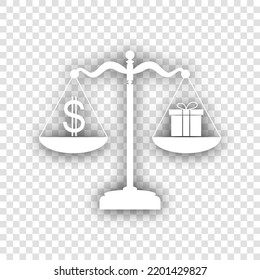 Gift and dollar symbol on scales. White Icon with dropped natural gray Shadow at transparent Background. Illustration.