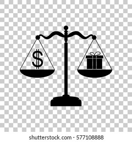 Gift and dollar symbol on scales. Black icon on transparent back