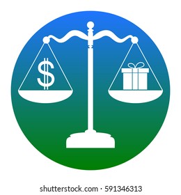 Gift and dollar symbol on scales. Vector. White icon in bluish circle on white background. Isolated.