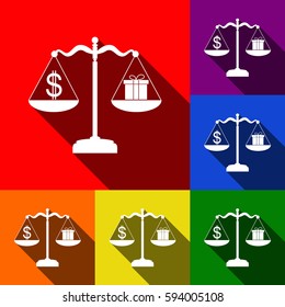 Gift and dollar symbol on scales. Vector. Set of icons with flat shadows at red, orange, yellow, green, blue and violet background.