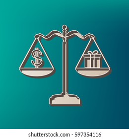 Gift and dollar symbol on scales. Vector. Icon printed at 3d on sea color background.