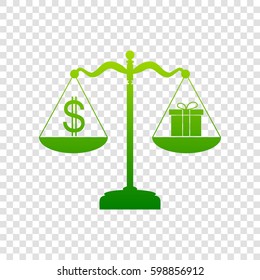 Gift and dollar symbol on scales. Vector. Green gradient icon on transparent background.