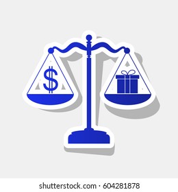 Gift and dollar symbol on scales. Vector. New year bluish icon with outside stroke and gray shadow on light gray background.