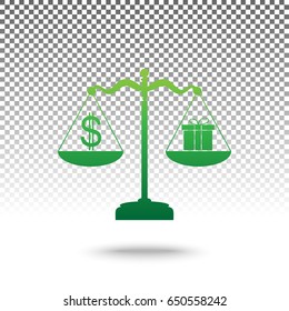 Gift and dollar symbol on scales. Vector. Green gradient icon with shadow at bottom on transparent and white background.