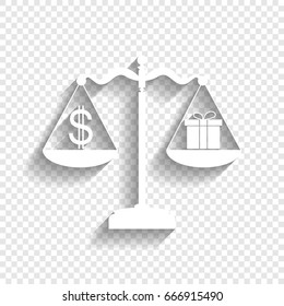 Gift and dollar symbol on scales. Vector. White icon with soft shadow on transparent background.