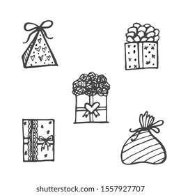 Gift doodle set in cartoon style. Shopping icon set. Anniversary, birthday. Vector illustration design. Happy birthday card. Hand drawn. Ornament illustration. Isolated vector on white